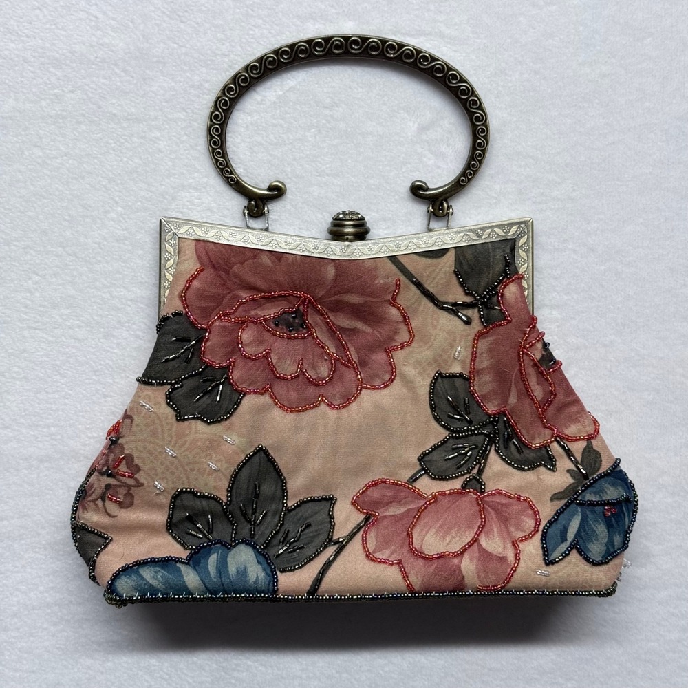 Vintage Beaded Floral Evening Clutch Purse Bag Metal Handle‎ - Picture 2 of 9